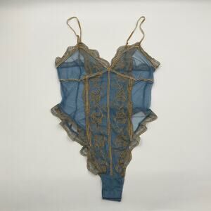 Victorias Secret Teddy S Blue Embroidered Lace Bodysuit High Cut Dark Coquette